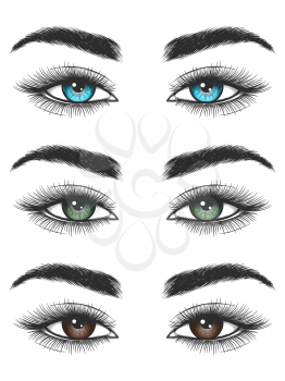 Hand drawn look of blue, green and brown female eyes isolated on white backdrop. Vector illustration