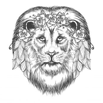 Boho style sketch lion. Vector hand drawn lion with flowers and feathers