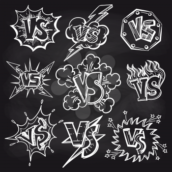 Hand drawn versus or VS confrontation collection on chalkboard background. Vector illustration