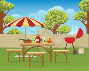 Summer backyard fun bbq or grilling barbecue party cartoon vector illustration. Home garden patio picnic lifestyle