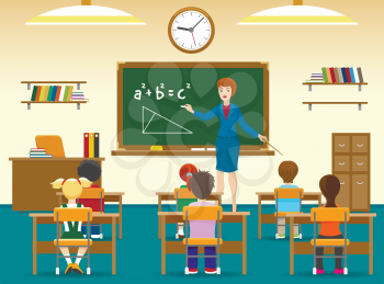 Class room with board, young female teacher, elementary school little boys and girls. Kids sitting in classroom vector illustration