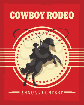 Old west cowboys rodeo retro poster vector illustration with gaucho on horse