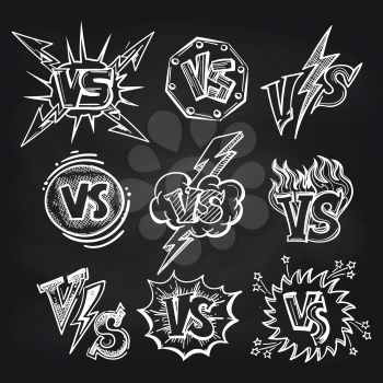Hand drawn versus logos on blackboard background. Vector illustration