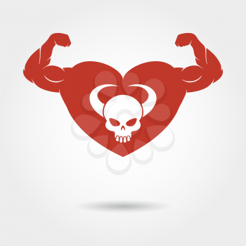 Skull in heart with male biceps logo. Vector strong heart emblem