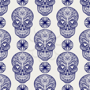 Mexican sugar skull and diamonds seamless pattern, vector illustration