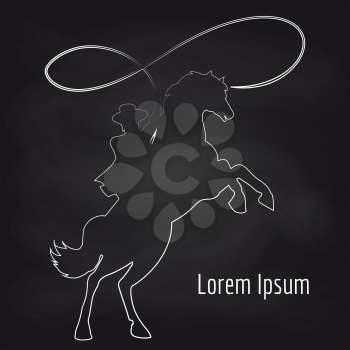 White cowboy silhouette with horse on chalkboard background, vector poster