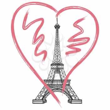 Grunge France poster. Vector hand drawn heart and Eiffel tower