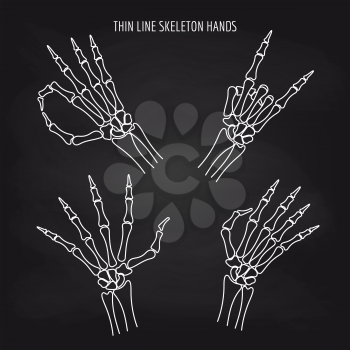 Thin line skeleton hand gestures on black background, vector illustration