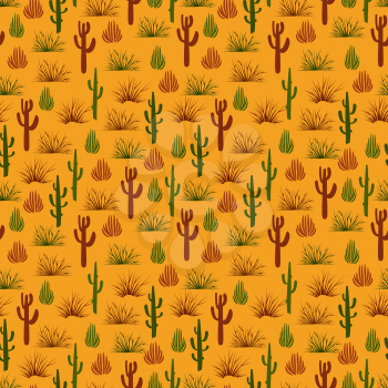 Wild nature seamless pattern, vector illustration - desert seamless texture with cactus and bushes