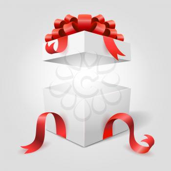 Gift box. Open white surprise box with red ribbon for christmas or happy valentine present vector illustration