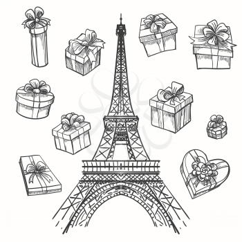Gifts from Paris vector illustration. Eiffel tower and gift boxes