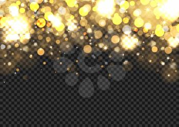 Abstract golden bokeh lights on the transparent background, vector illustration