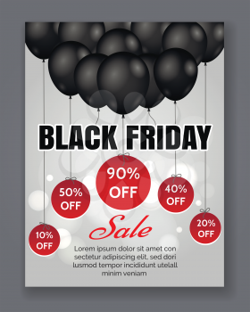 Black friday sale event poster. Season discount offer promotion background with black balloons and shiny lights. Vector illustration