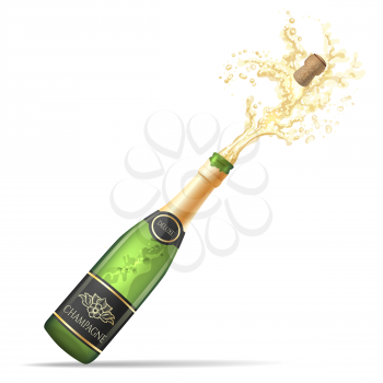 Champagne explosion. Champagne bottle pop and fizz vector illustration for alcohol drinking party celebration isolated on white background