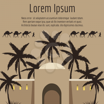 Arabian house, palm tree, camels backround, vector illustration