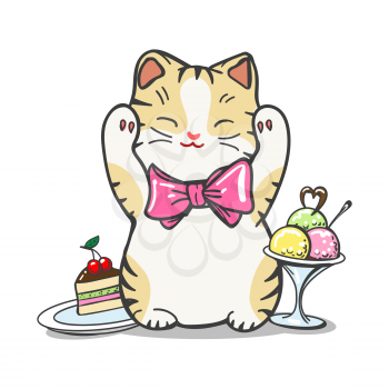 Cute kitten with pink bow and sweet desserts. Vector hand drawn happy cat, ice cream, and cake isolated on white