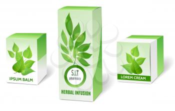 Herbal medicine packaging. Herbal medical or herbalism product boxes isolated on white, medicinal herbs box set with green leaves vector illustration