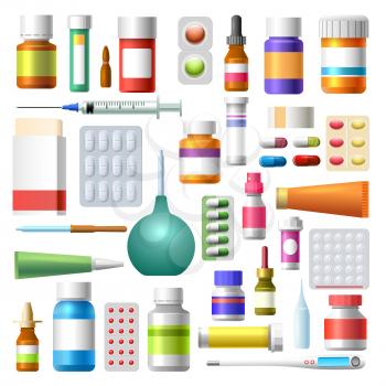 Medications. Medicine drugs, pharmacy bottles, containers with tablets, pills and medications vector illustration