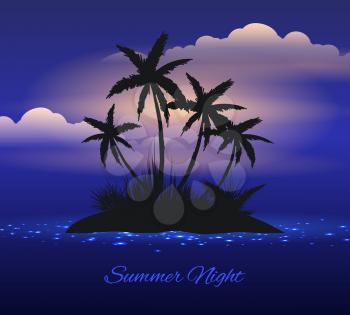 Summer night. Tropical island with palm trees. Vector illustration