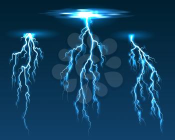 Vector lightning. Electric sparks and thunderbolt electricity effects, abstract glowing night thunder lights in the dark sky
