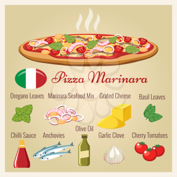 Seafood pizza. Pizza marinara vector illustration with cheese, fish and sea food