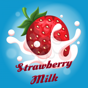 Strawberry with milk dessert emblem. Strawberries yogurt with fresh milk splash vector illustration