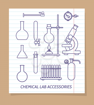Chemical lab accessories line icons on notebook page, vector illustration