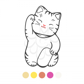 Coloring page for kids with colors sample, vector illustration. Cute kitten with toy