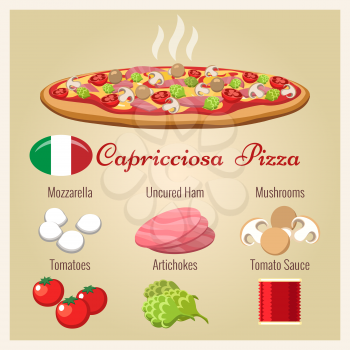 Pizza capricciosa. Italian cuisine pizza prepared with mozzarella cheese and italian baked ham, mushroom, artichoke and tomato, vector illustration