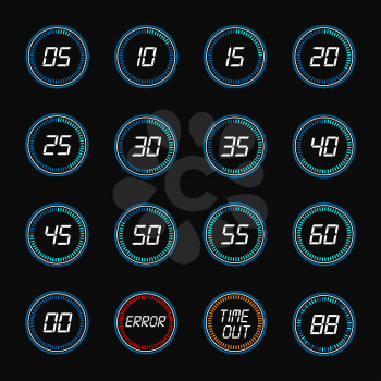 Digital countdown. Vector round countdown numbers, timer clock design icons