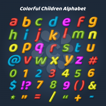 Colorful children alphabet. Cartoon drawing childhood style letters and numbers for kids, vector illustration