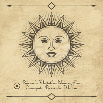 Sun retro emblem. Vintage antique drawing sun face sketch, old engraving vector illustration