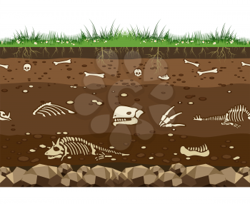 Soil with dead animals. Horizontal seamless earth underground surface with dinosaur and lizard bones vector illustration