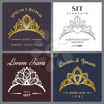 Tiara luxury logo set. Vector jewelry crowns emblems for expensive restaurant or beauty woman