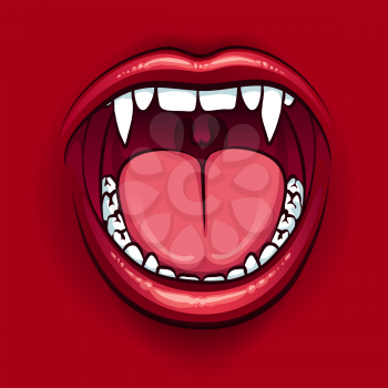 The fangs of a vampire. Red lips. Vector illustration.