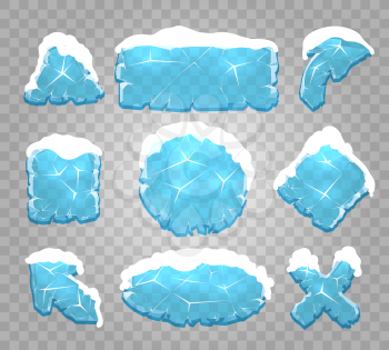 Ice buttons. Icy crystals pannels, diamond glass cold frozen frames vector illustration
