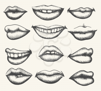 Lips engraving. Retro human face lips, vintage smiling and kissing mouth set vector illustration