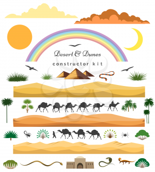 Desert game set. Vector cartoon desert scenery constructor kit with dunes and mountains, camels and cacti for games landscape