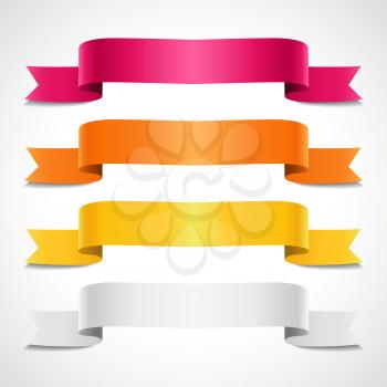 Set of colored decorative arrow ribbons. Red, orange, yellow, white banners, vector illustration