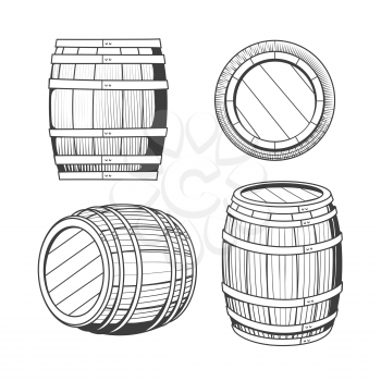 Vintage oak barrel. Etching whiskey or ale barrels isolated on white background, hand drawn alcohol brewery wood cask set vector illustration