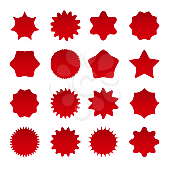 Price star burst shapes. Vector red bursting stars symbols isolated on white background, circle star badges or vector sunburst stickers
