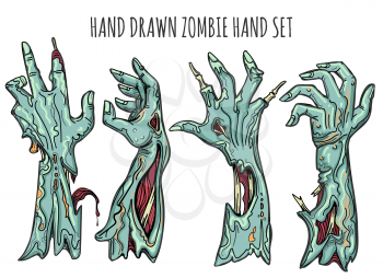Zombie hand set isolated on white background. Grab reaching zombies arms with blood and decay vector illustration