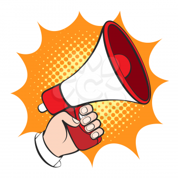 Cartoon hand with megaphone. Announce bullhorn retro vector illustration, business man hand with loud speaker icon