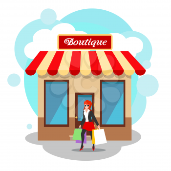 Boutique exterior image. Fashion lifestyle store front view vector illustration with fashionable clothes and shoes, fashional shopping luxury small market outdoor design