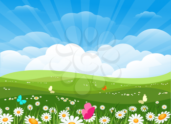 Spring flowers meadow landscape. Green nature background with easter flowering, summer morning backdrop with trees, sky and flower field