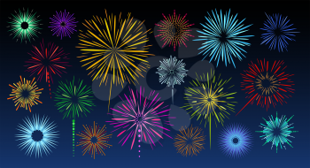 Celebration fireworks bursts. Beautiful simple festival pyrotechnic explosions, bright colours vector firework set, winner victory and anniversary cheers firecrackers isolated on dark