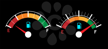 Empty and fueled gas gauges. Fuel meter or petrol level control, energy gage design, oil or gasoline indicator vector illustration