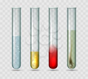 Medical lab test tubes. Testing tube set vector illustration with liquid water and blood samples, chemical science laboratory glass proof testtubes isolated on transparent background