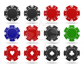 Poker chips on white background. Realistic black and red plastic money for poker or roulette, symbols of gambling in casino, vector token of gaming coins for online risky sport