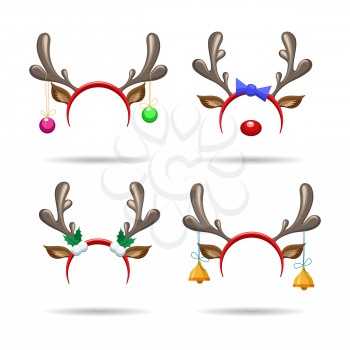 Christmas antlers headbands. Xmas deer animal hats, vector reindeer antleres christmas headband, deer head characters clothing vector illustration